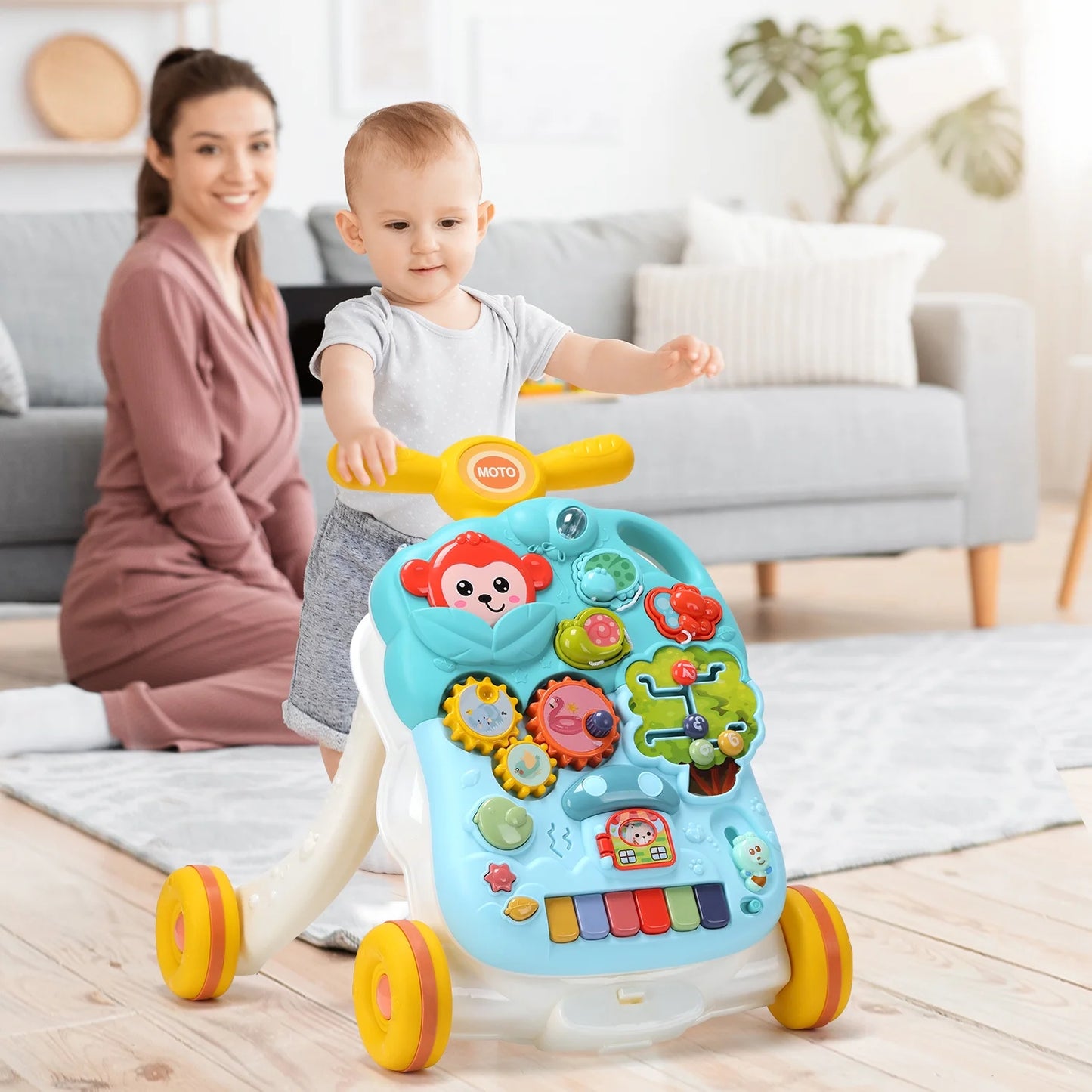 2 in 1 Baby Walker with Musical Play Table, Sit to Stand Toddler Learning Push Toys for 6-18 Months