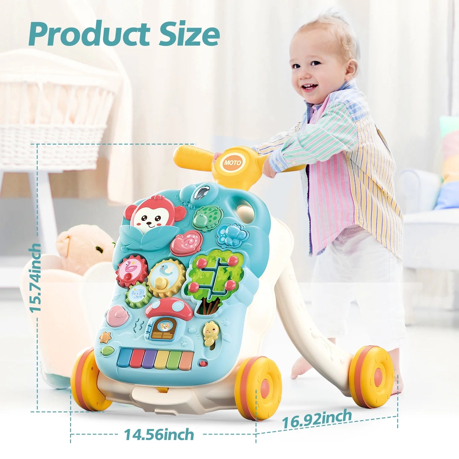 2 in 1 Baby Walker with Musical Play Table, Sit to Stand Toddler Learning Push Toys for 6-18 Months