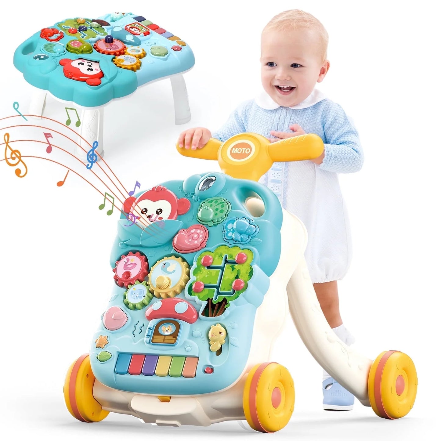 2 in 1 Baby Walker with Musical Play Table, Sit to Stand Toddler Learning Push Toys for 6-18 Months