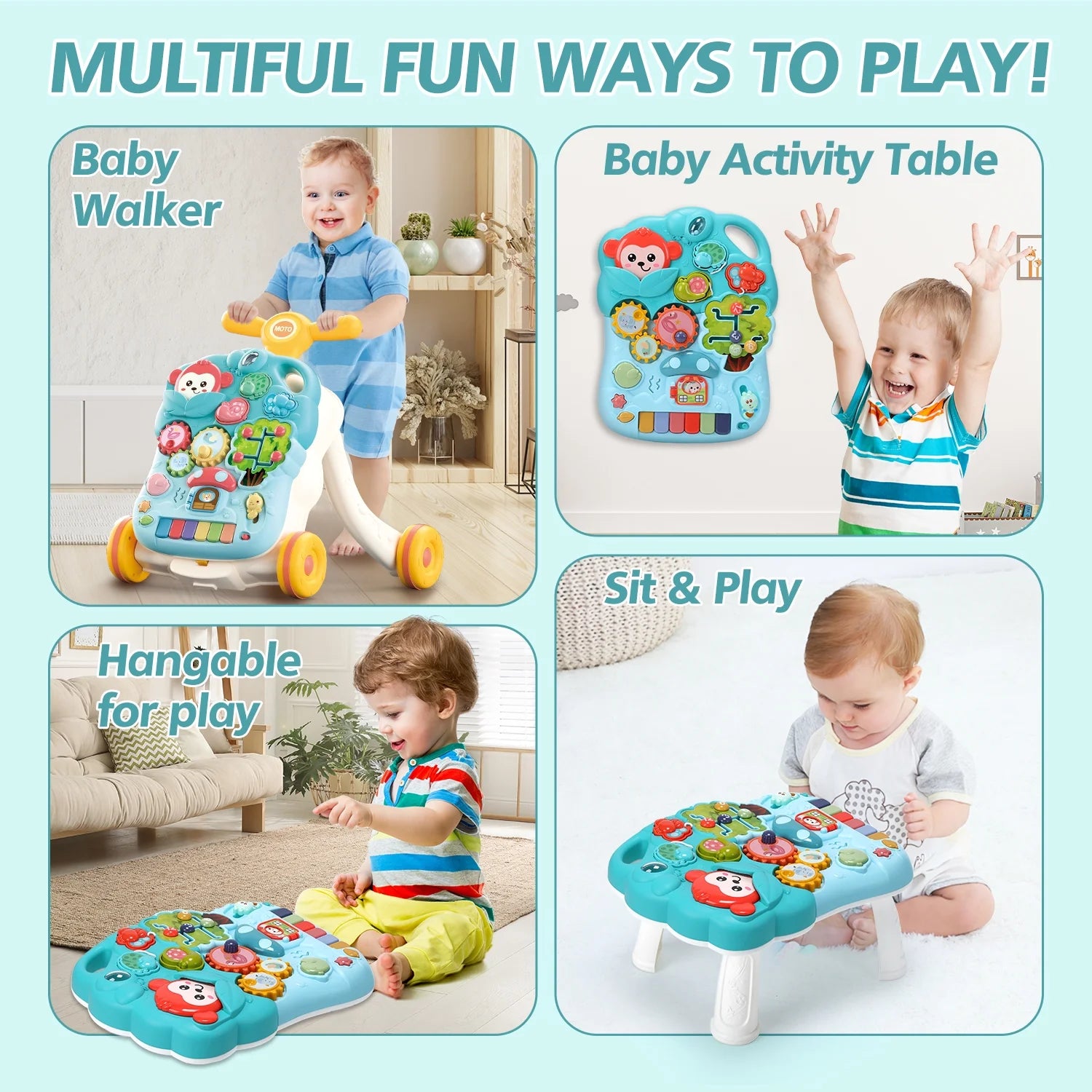 2 in 1 Baby Walker with Musical Play Table, Sit to Stand Toddler Learning Push Toys for 6-18 Months